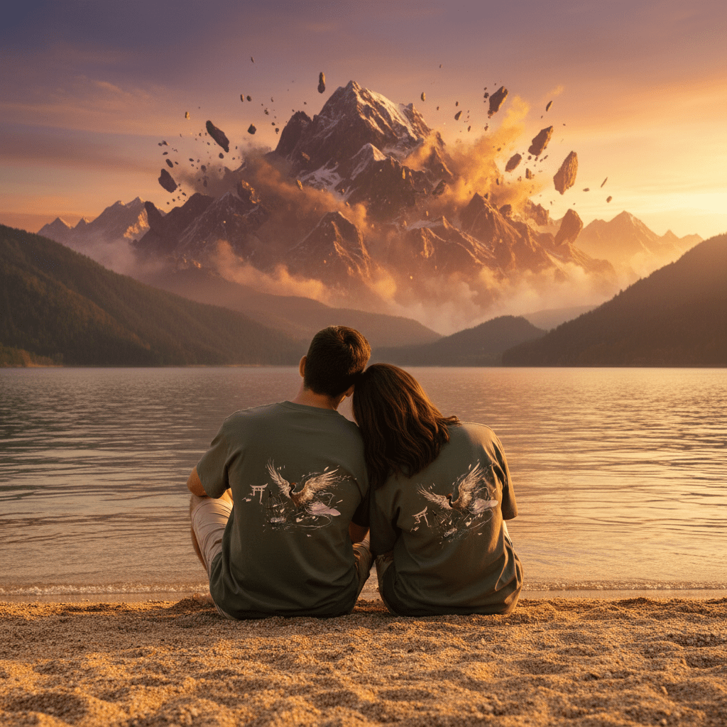 Couple portant des t-shirts BRISURE assis face au lac et à la montagne au coucher de soleil.