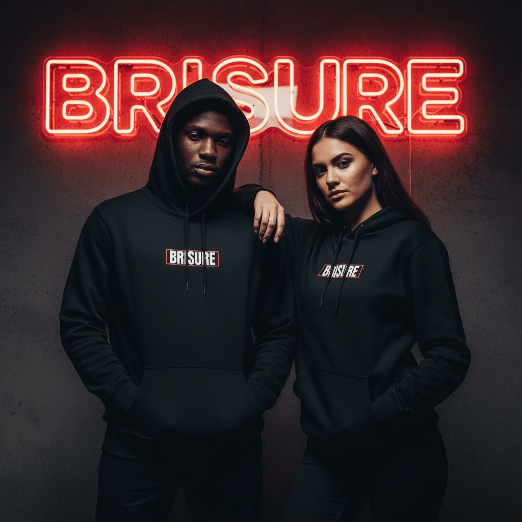 Couple portant des hoodies BRISURE noirs devant un néon lumineux BRISURE.