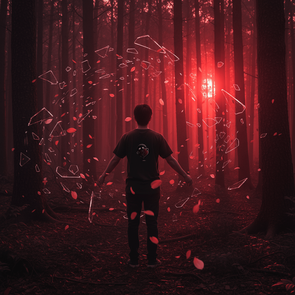 Homme portant un t-shirt BRISURE dans une forêt rouge avec éclats en suspension.