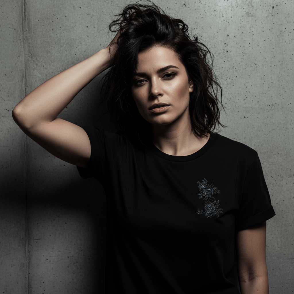 T-shirt BRISURE noir avec motif Fleur – vue de face porté