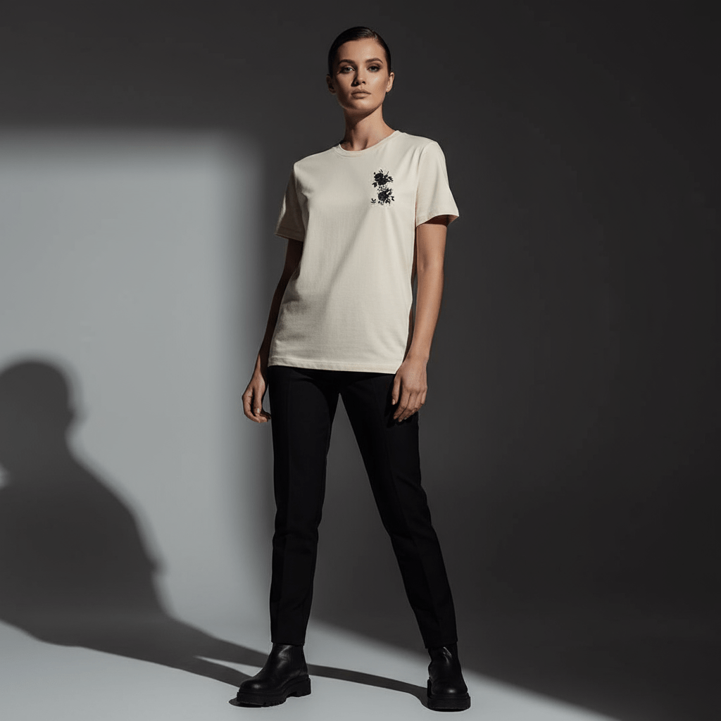 T-shirt BRISURE écru avec motif Fleur – vue de face porté