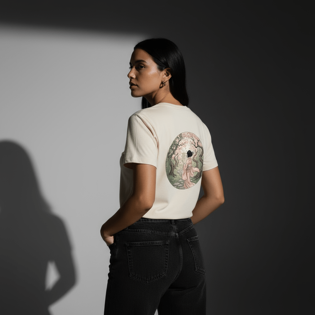 T-shirt crème BRISURE Sakura – grand motif geisha et forêt, femme de dos.