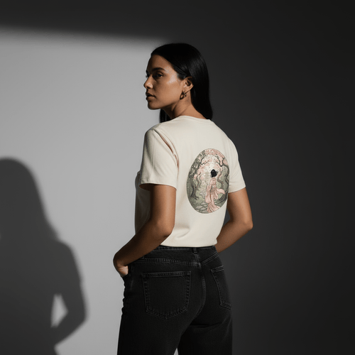 T-shirt crème BRISURE Sakura – grand motif geisha et forêt, femme de dos.