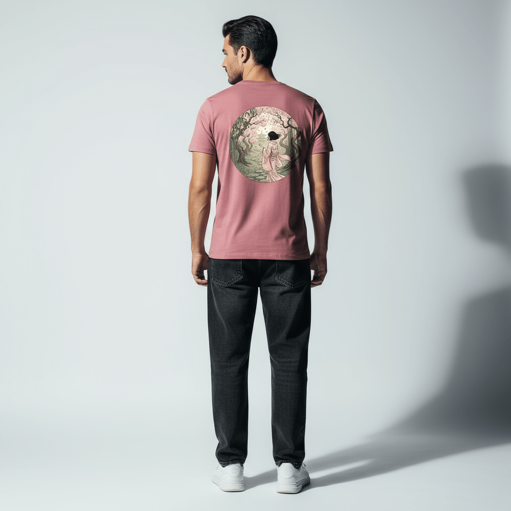 T-shirt rose BRISURE Sakura – grand motif geisha dans forêt, homme de dos.