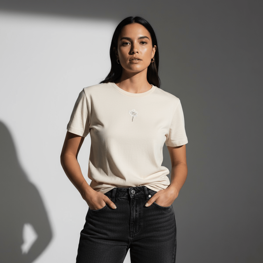 T-shirt crème BRISURE Sakura – motif fleur de cerisier sur le torse, femme de face.