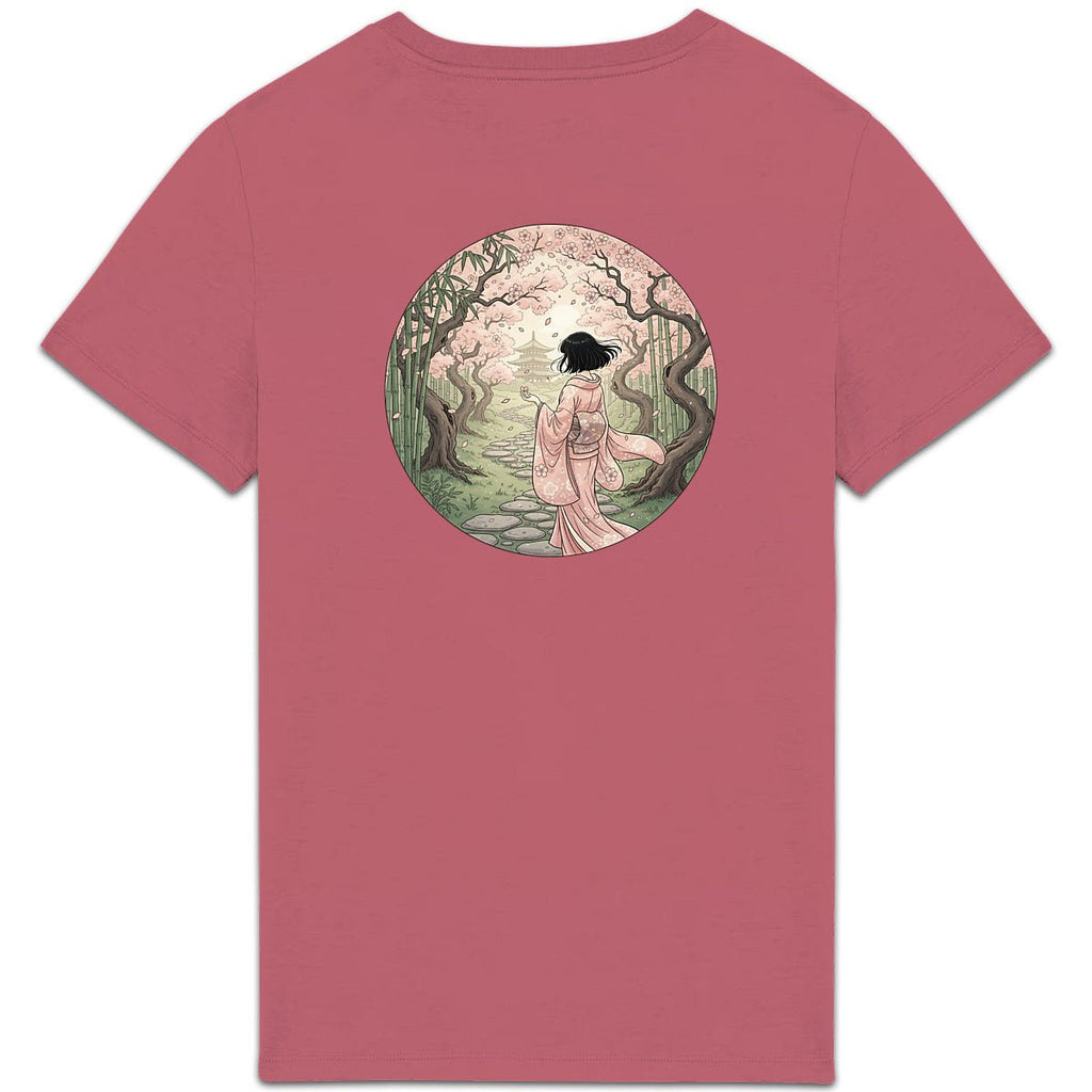 T-shirt rose BRISURE Sakura – illustration geisha dans forêt japonaise.