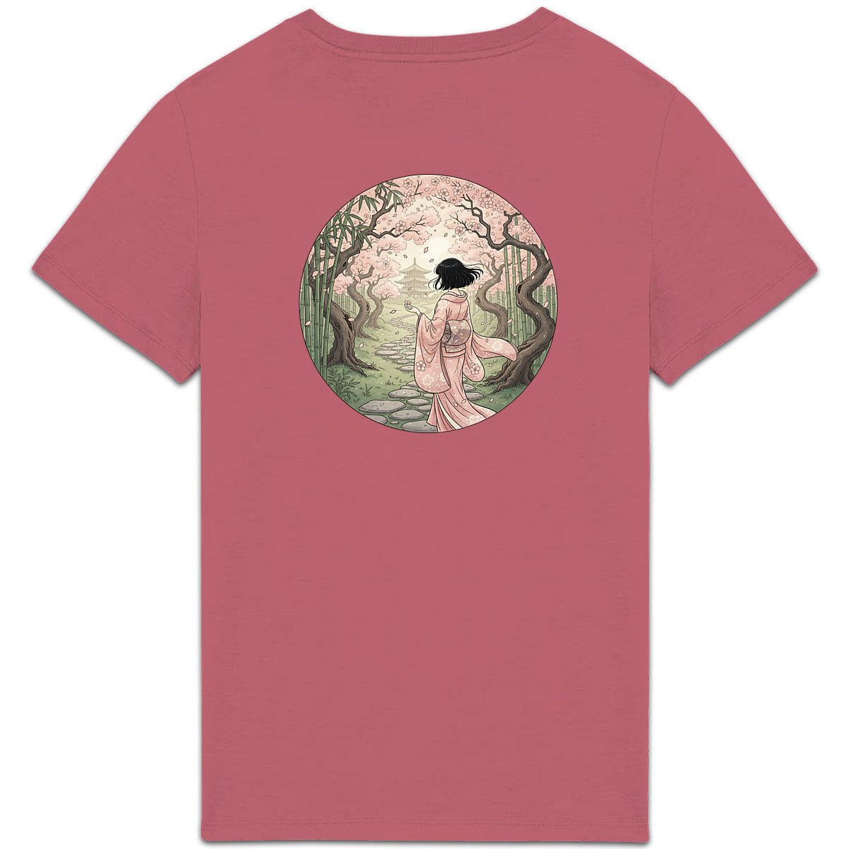 T-shirt rose BRISURE Sakura – illustration geisha dans forêt japonaise.