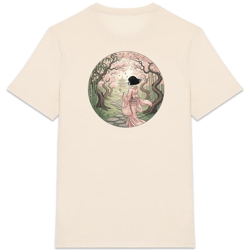 T-shirt crème BRISURE Sakura – illustration geisha dans forêt japonaise.