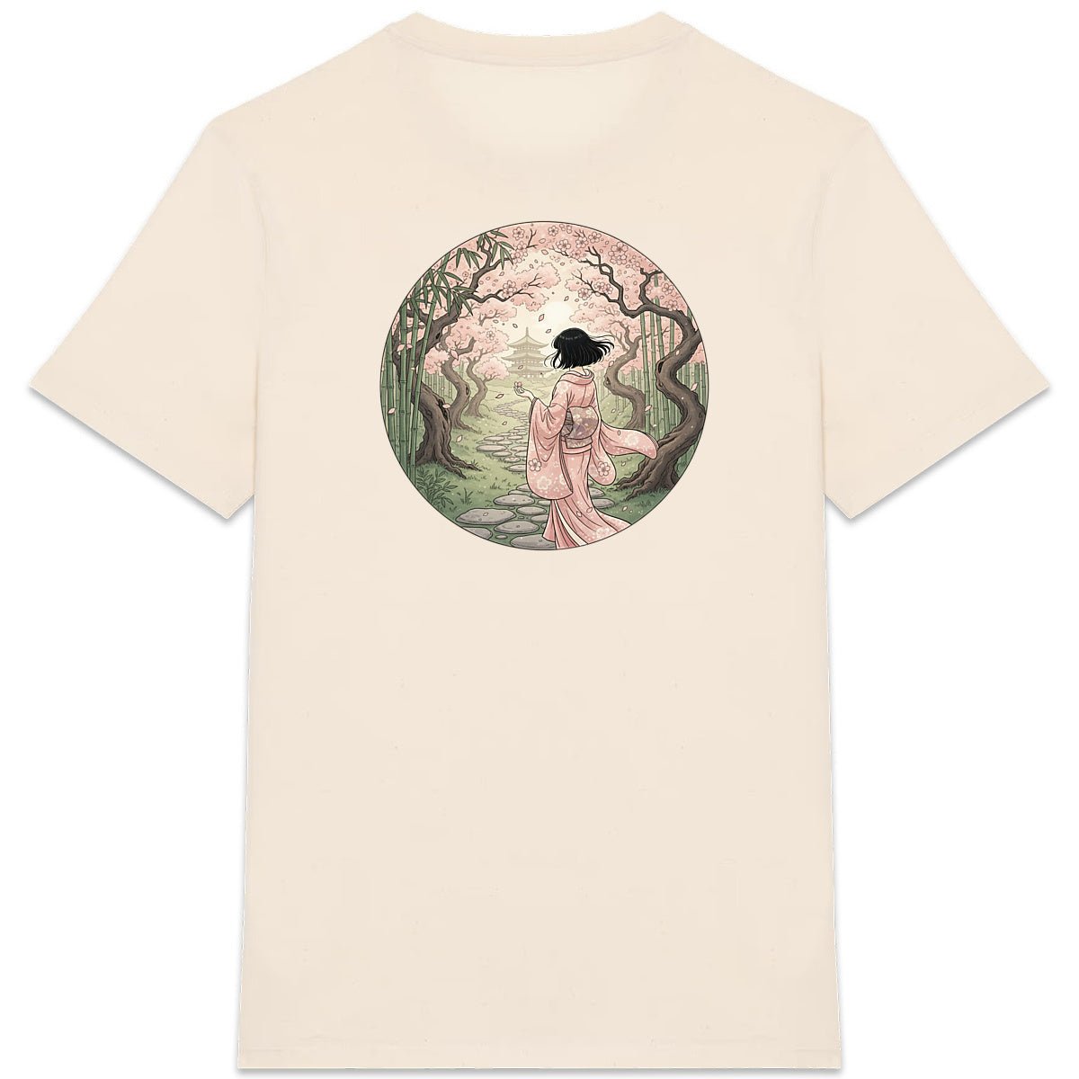 T-shirt crème BRISURE Sakura – illustration geisha dans forêt japonaise.