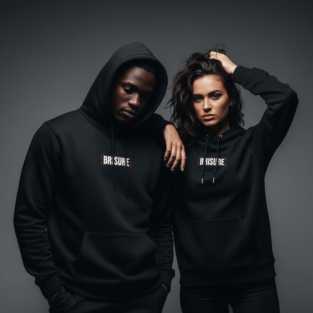 Hoodie streetwear BRISURE Signature porté par un homme et une femme en studio