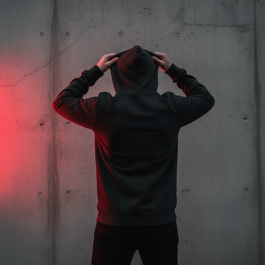 Hoodie BRISURE Signature noir vu de dos, ambiance urbaine lumière rouge