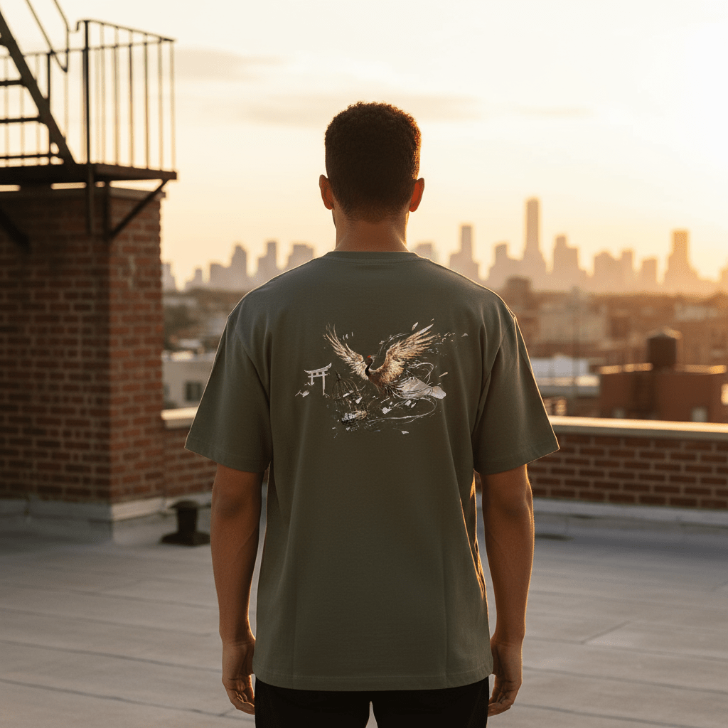 T-shirt BRISURE vert – grand motif grue japonaise dans le dos, porté sur un rooftop au lever du soleil