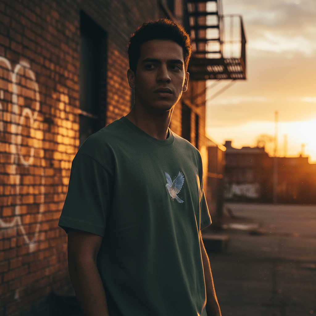 T-shirt streetwear BRISURE vert – motif pigeon sur la poitrine, porté en extérieur au coucher du soleil