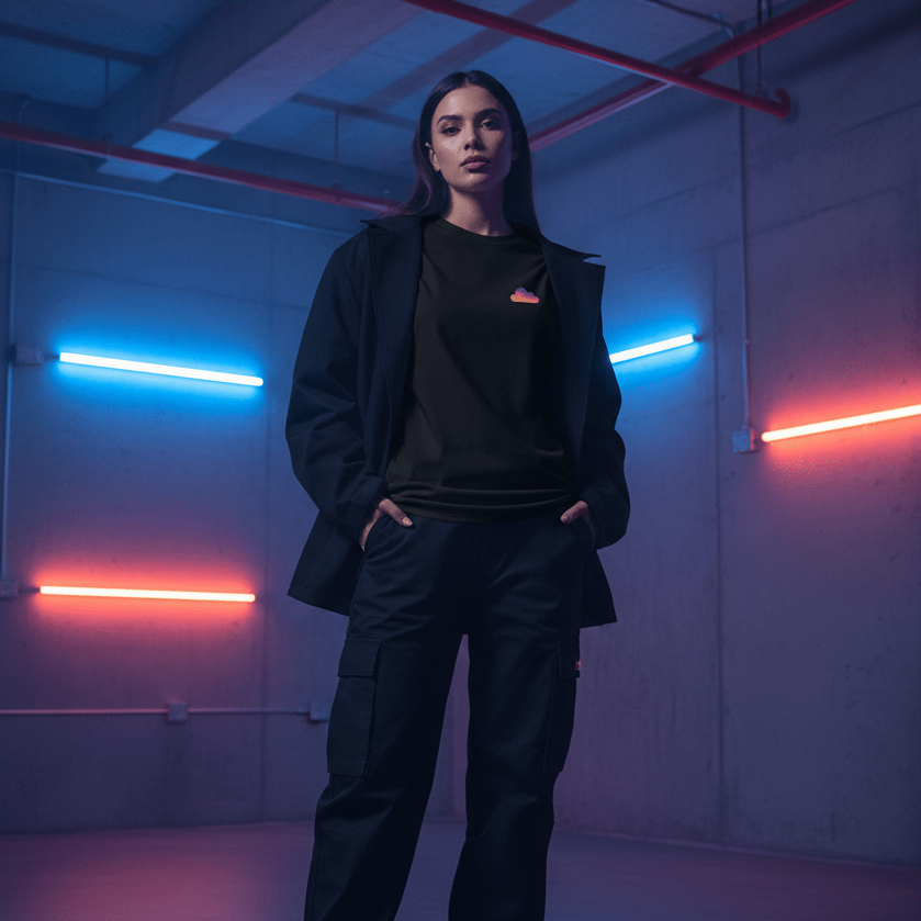 T-shirt streetwear noir BRISURE porté par une femme dans un décor néon bleu et rose