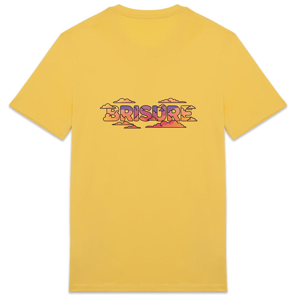 Dos du t-shirt jaune BRISURE avec grand logo nuage et typographie BRISURE