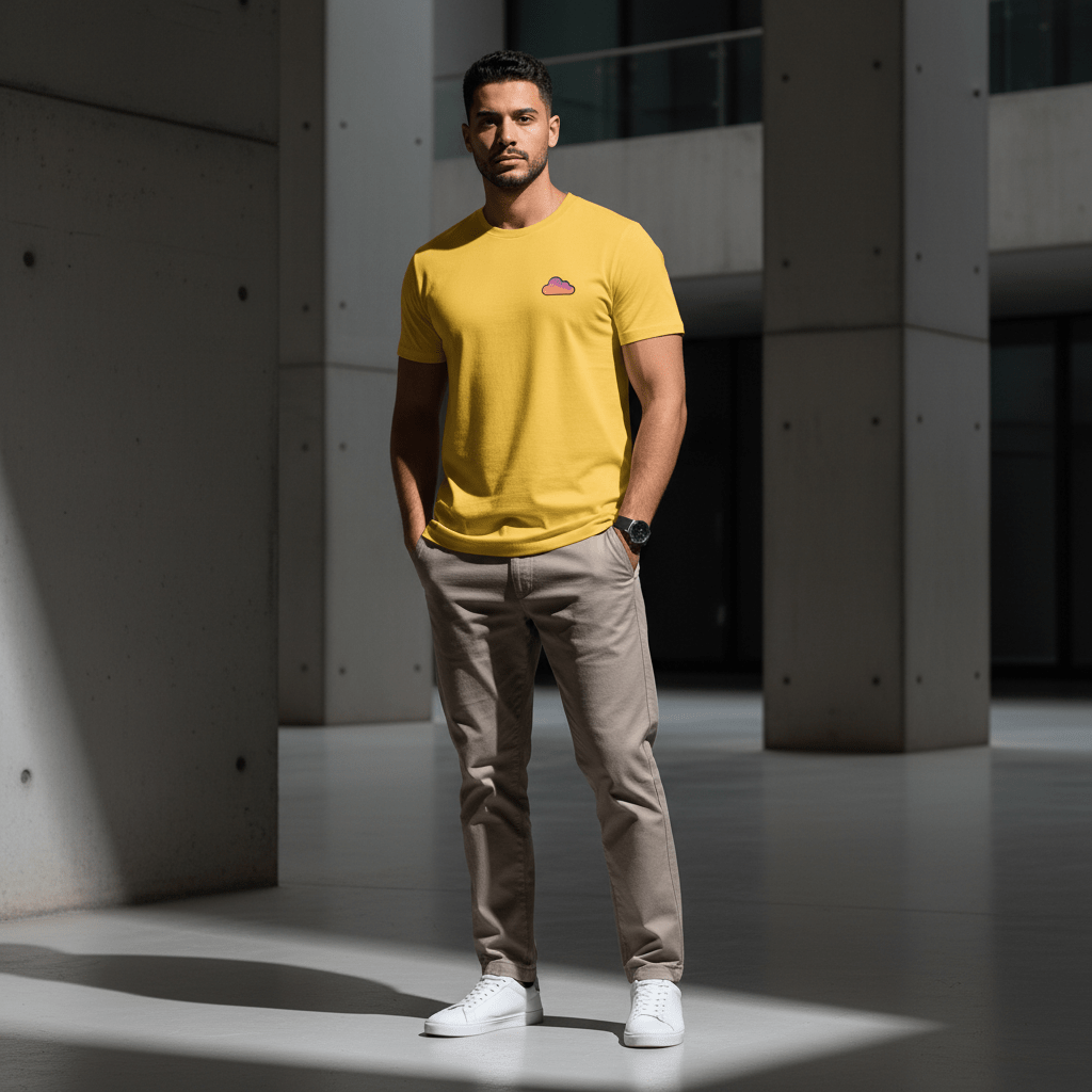 T-shirt streetwear jaune BRISURE porté par un homme en extérieur sous lumière naturelle