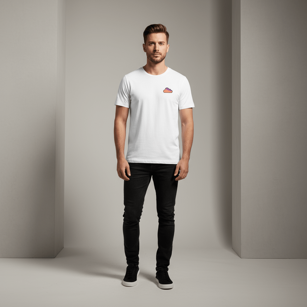 T-shirt streetwear blanc BRISURE porté par un homme dans un studio minimaliste
