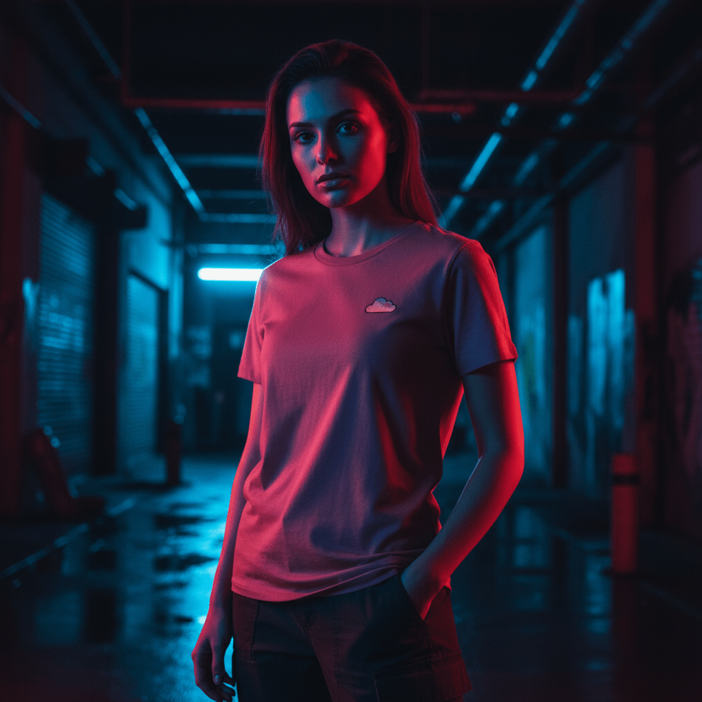 T-shirt streetwear rose BRISURE porté par une femme dans un décor sombre à lumières bleues et rouges