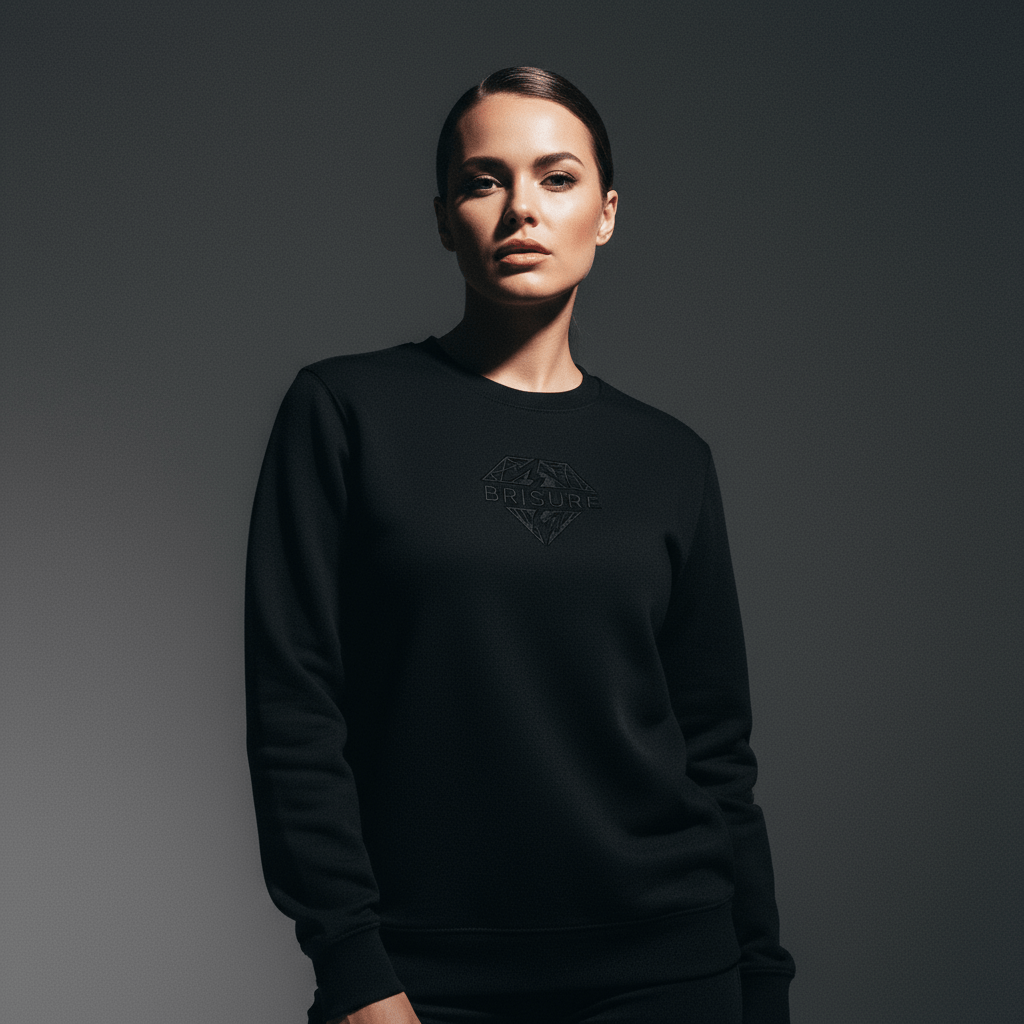 Femme portant un sweat noir Brisure avec logo diamant ton sur ton