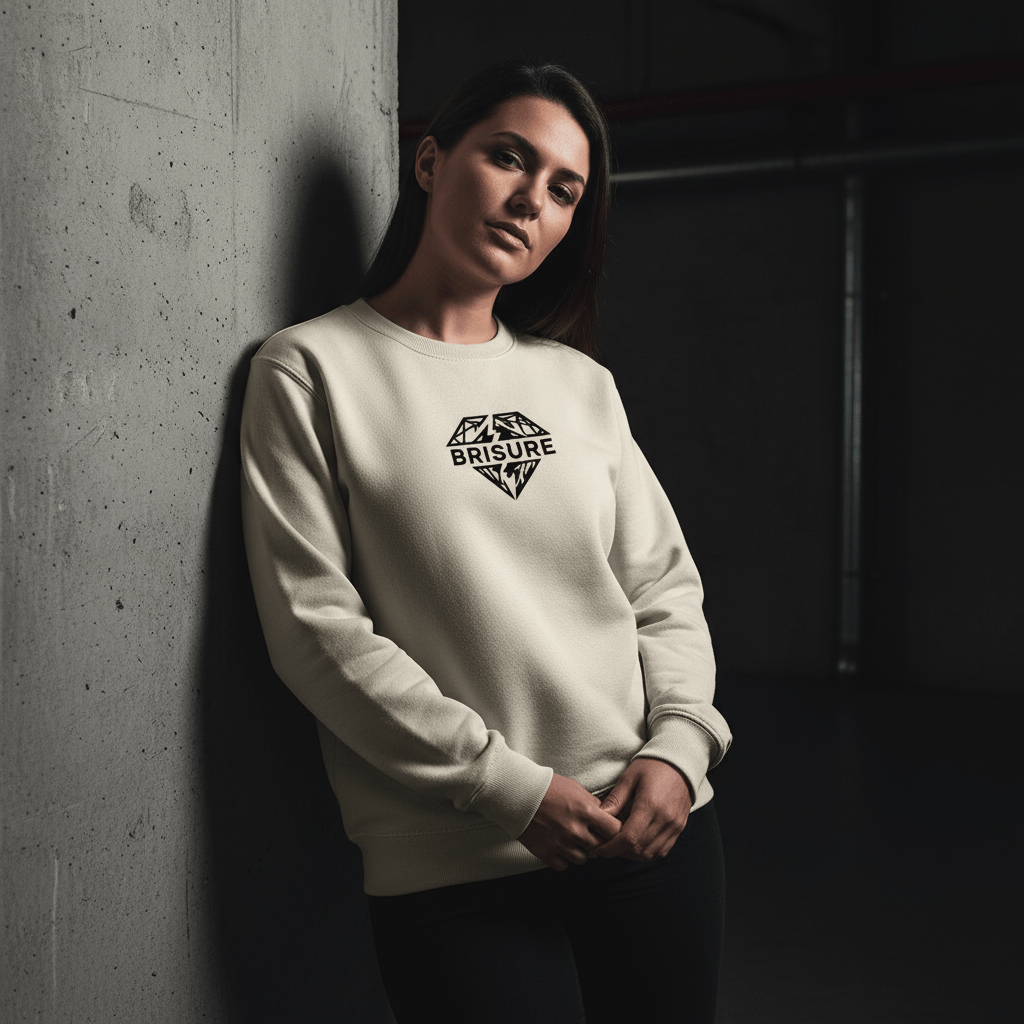 Femme portant un sweat beige Brisure avec logo diamant noir