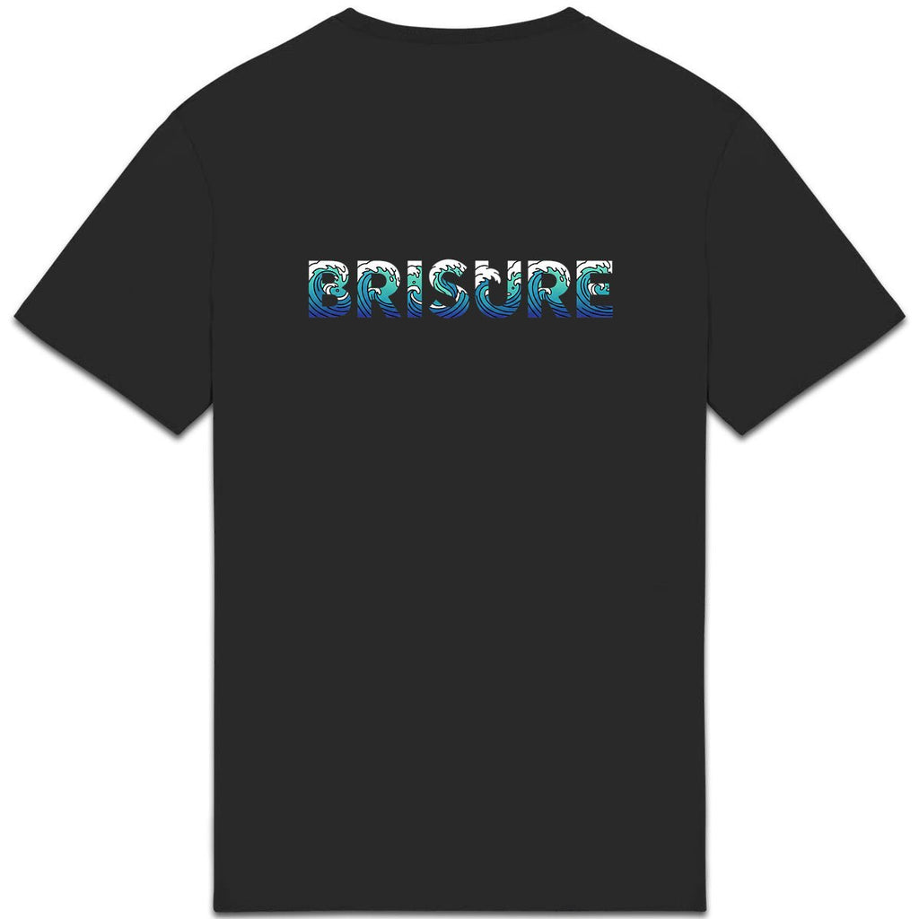Dos du t-shirt noir BRISURE avec le logo “BRISURE” style vague bleue.