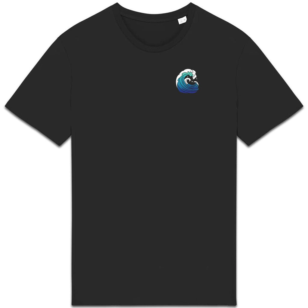 T-shirt noir avec une petite vague bleue imprimée sur la poitrine, modèle BRISURE.