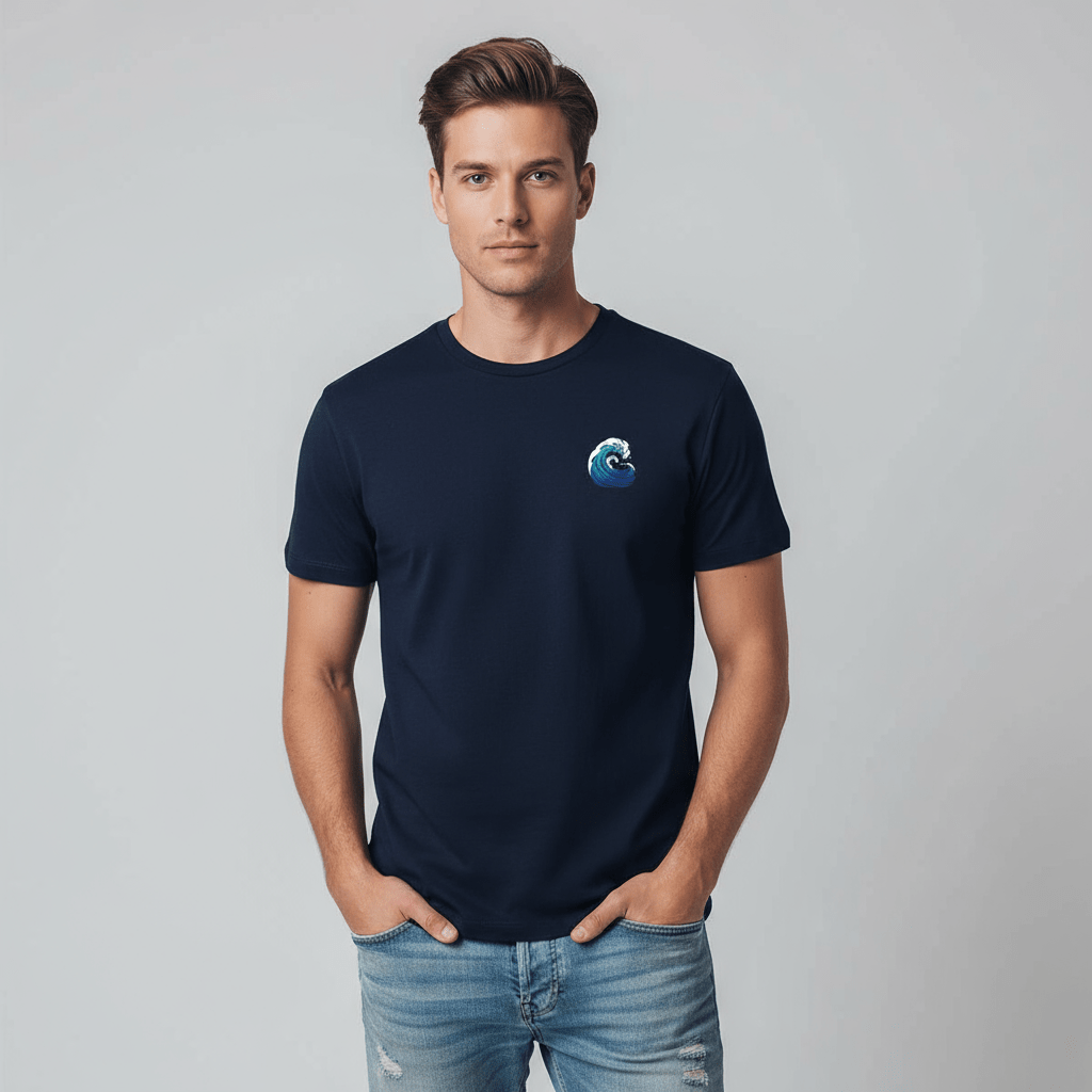 Homme portant un t-shirt marine Brisure, motif vague côté cœur, vu de face.