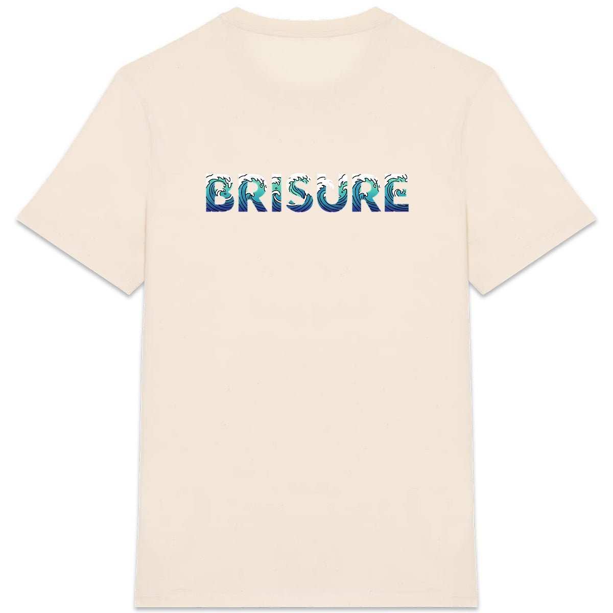 Mockup t-shirt beige Brisure avec logo BRISURE motif vague au dos.