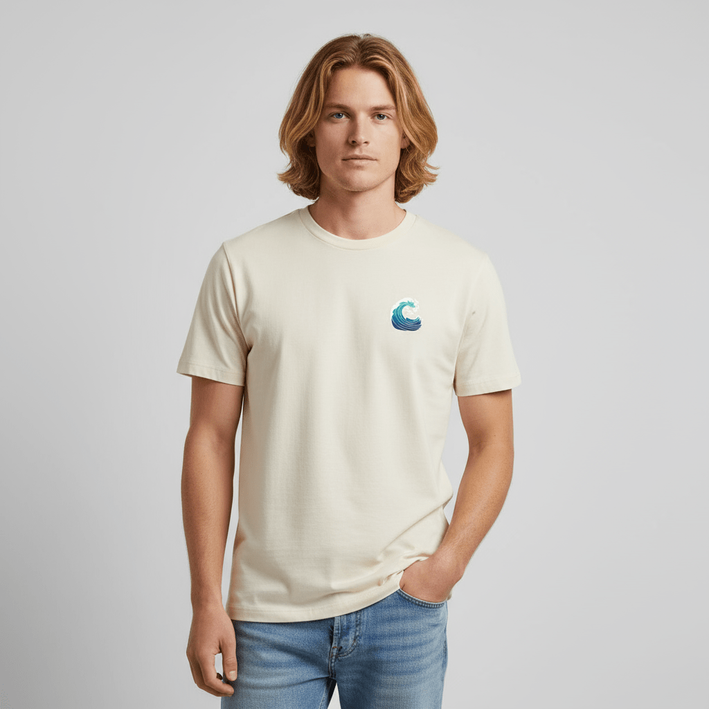 Homme portant un t-shirt beige Brisure, motif vague côté cœur, vu de face.