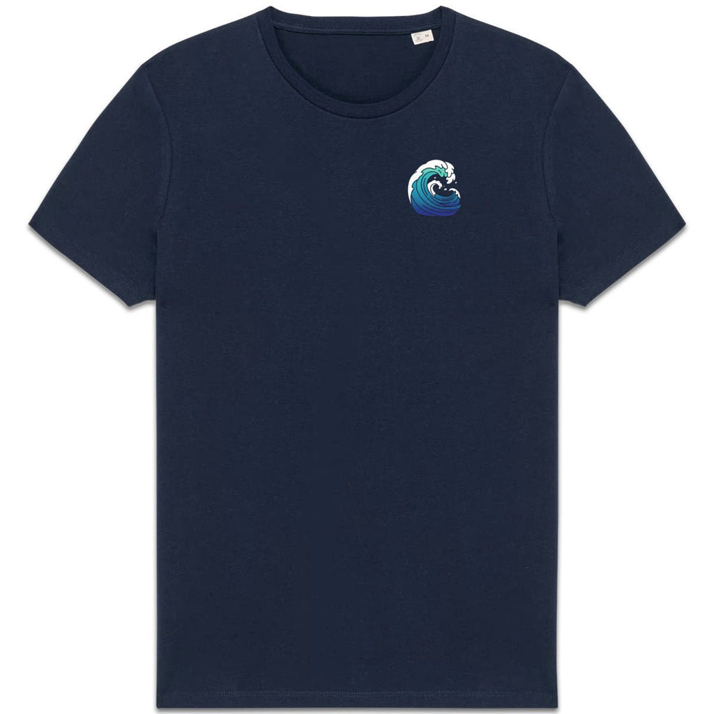 Mockup t-shirt marine Brisure avec motif vague côté cœur.