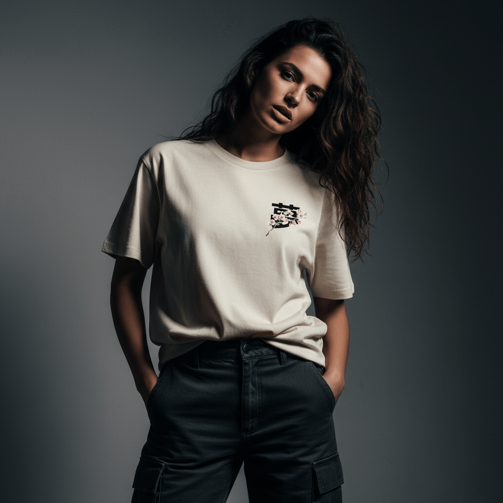 T-shirt beige Rêve BRISURE avec motif fleur de cerisier – face