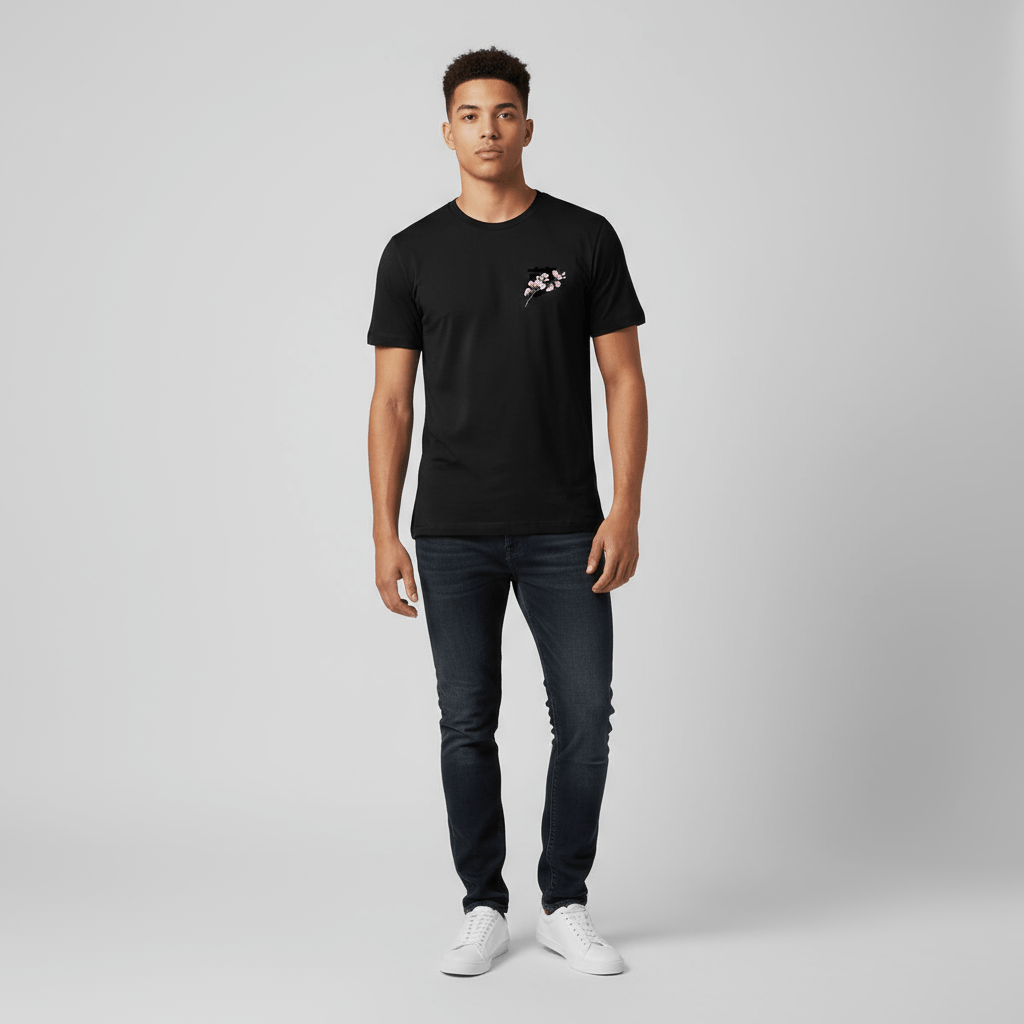 T-shirt noir Rêve BRISURE avec motif fleur de cerisier – face.