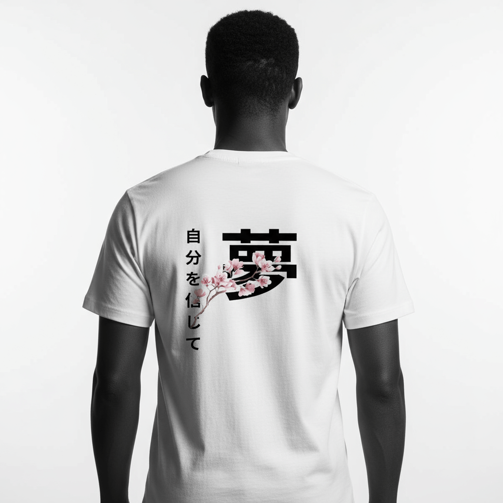 T-shirt blanc Rêve BRISURE avec grand kanji et fleurs de cerisier – dos.