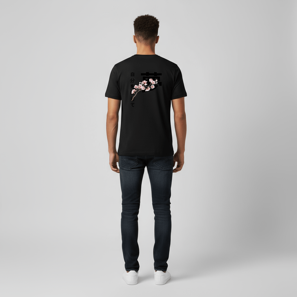T-shirt noir Rêve BRISURE avec grand kanji et fleurs de cerisier – dos.