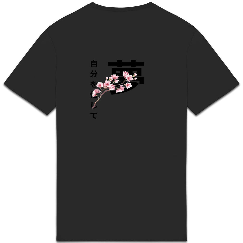 T-shirt noir Rêve BRISURE kanji et fleurs de cerisier – dos.