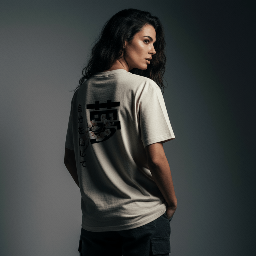 T-shirt beige Rêve BRISURE avec grand kanji et fleurs de cerisier – dos.