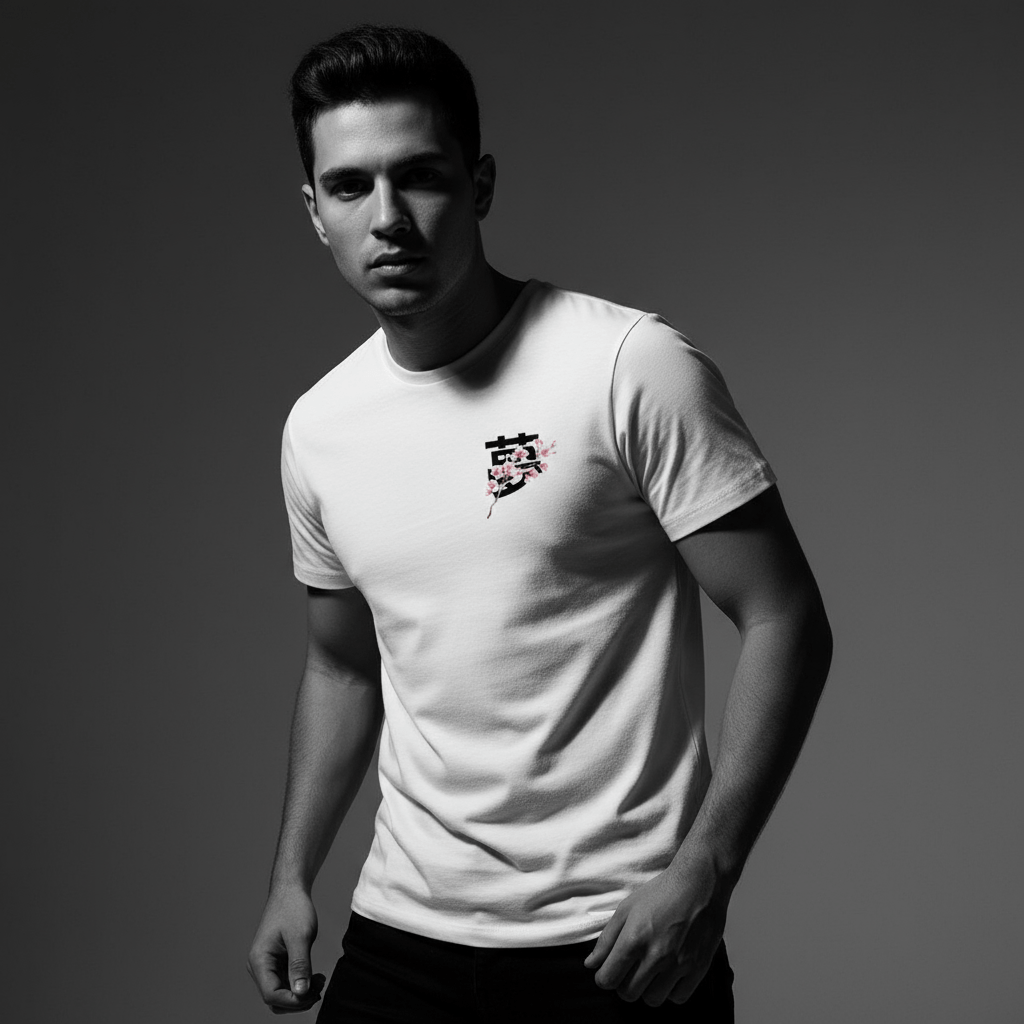 T-shirt blanc Rêve BRISURE avec motif fleur de cerisier – face.